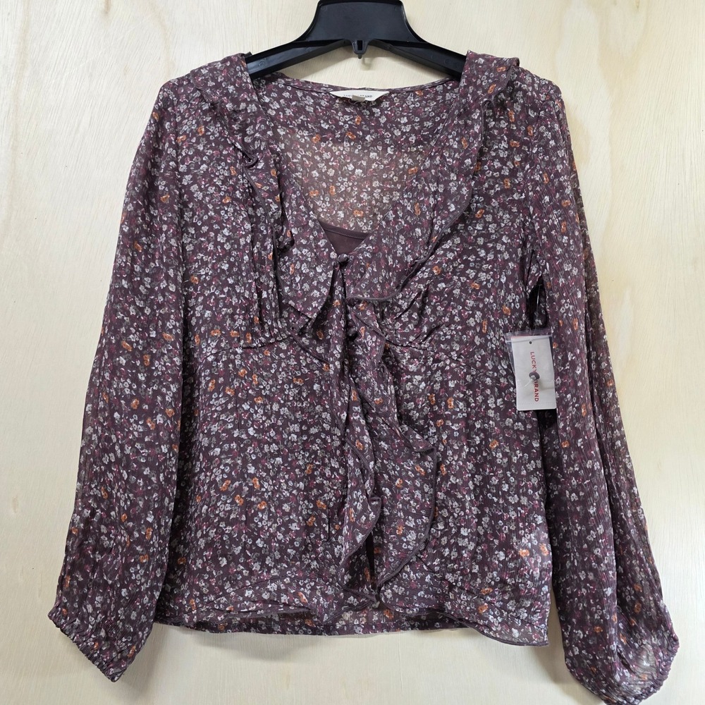 Lucky Brand Womens Floral Ruffle V-Neck Blouse Burgundy Long Sleeve Small NWT - Picture 2 of 16